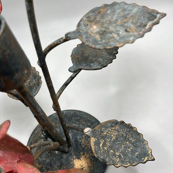 Metal Candle Holder Aged Welded Rustic Patina Pink Metallic Gold Roses w/ Leaves - Picture 5 of 17